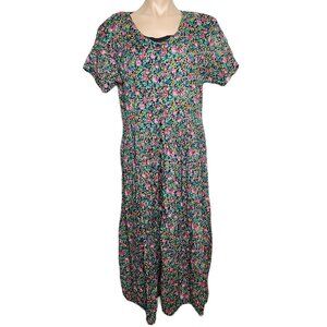 Vintage 90s Grunge Floral Maxi Dress Button Front Size M Black Pink Floral